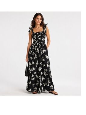 Abercrombie & Fitch Black and White Floral Tie-Strap Emerson Maxi Dress XS Tall
